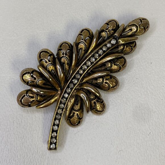 HAR Hargo Creations Leaf Rhinestone Brooch Bronze Gold Tone Vtg 50’s Signed - Picture 6 of 6